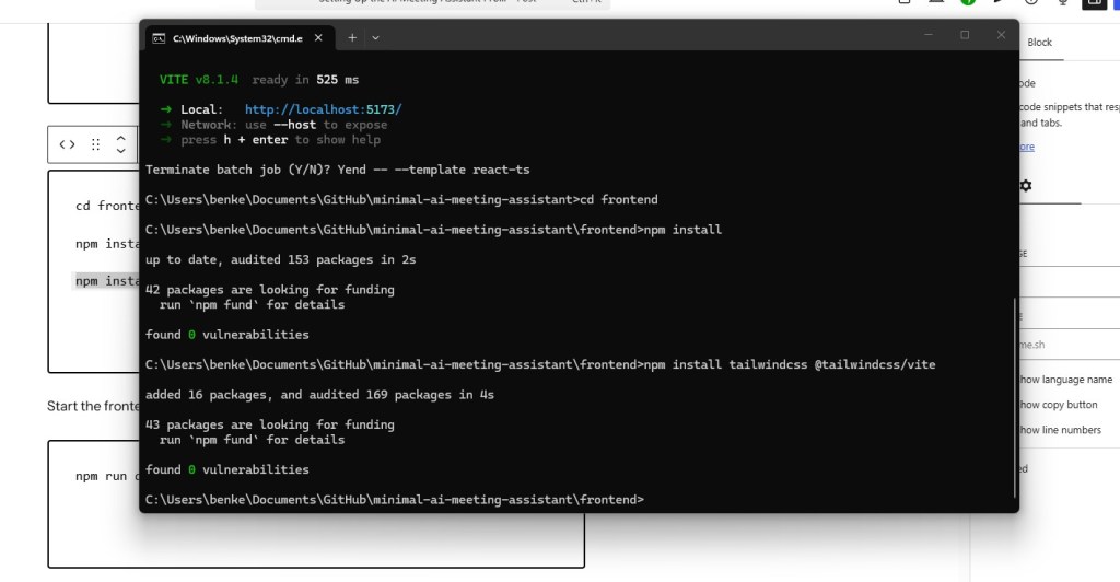 Minimal AI Meeting Assistant Installing Vite