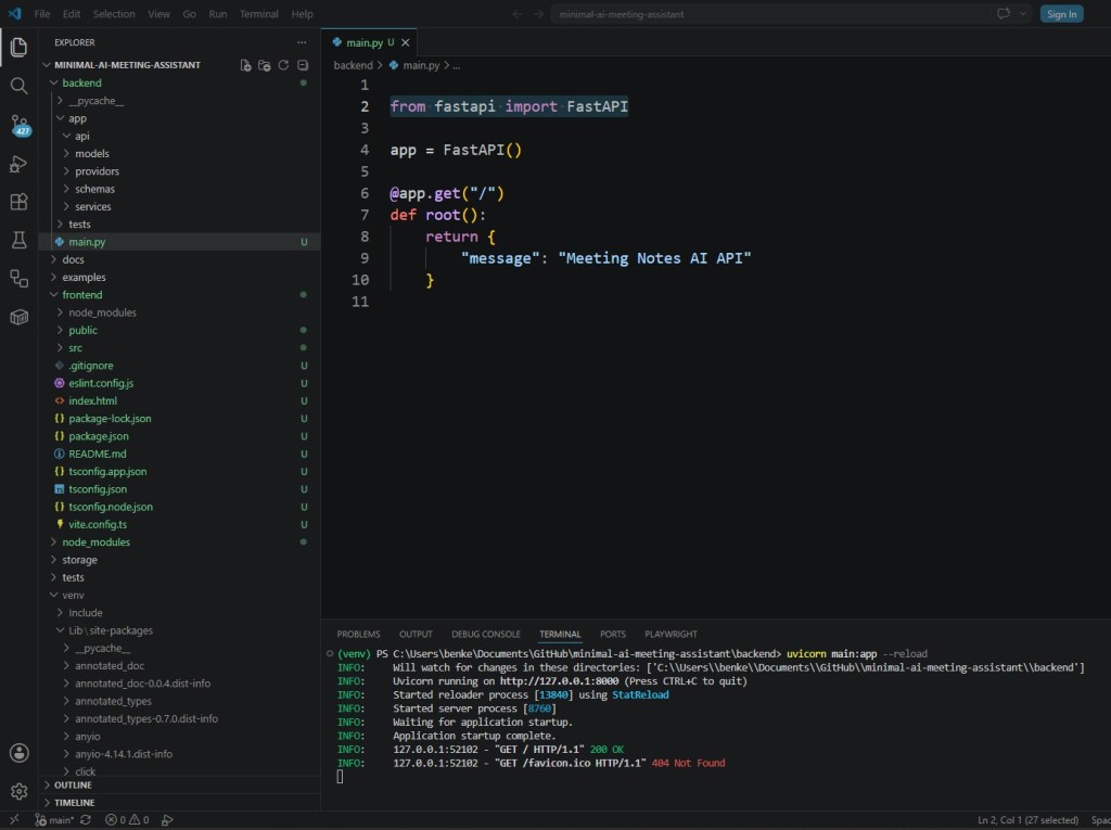 Minimal AI Meeting Assistant Uvicorn server start