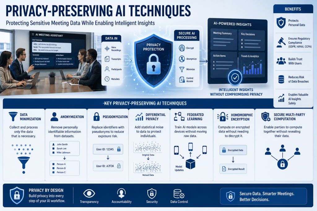 Privacy-Preserving AI Techniques: Protecting Sensitive Meeting Data While Enabling Intelligent Insights